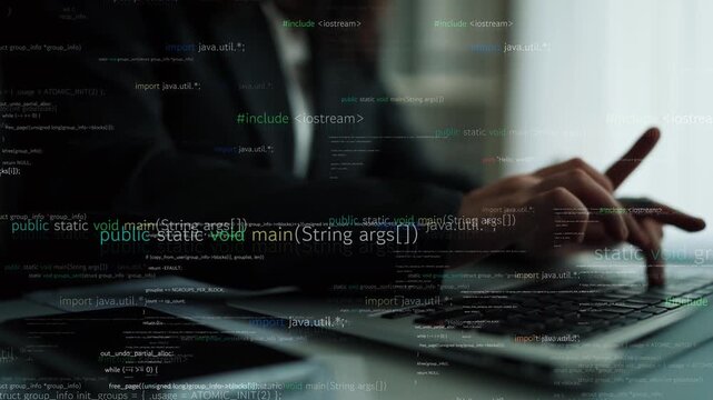 A professional software developer is focused on coding on a laptop, surrounded by an abstract display of programming code, representing the digital world of technology and innovation. Xenic