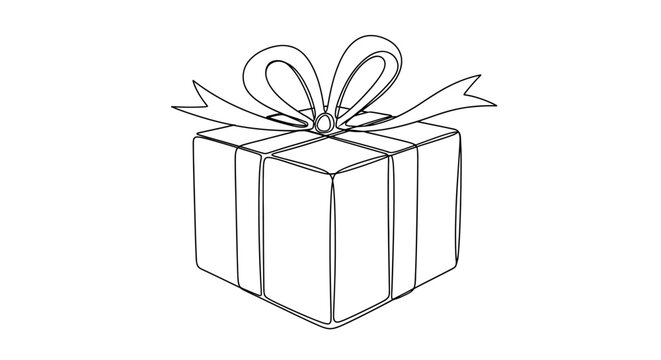Minimalist line art illustration of a wrapped gift box with bow on white backdrop