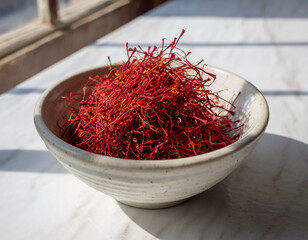 Fototapeta premium Vibrant red saffron threads in a rustic ceramic bowl, a valuable and aromatic culinary spice