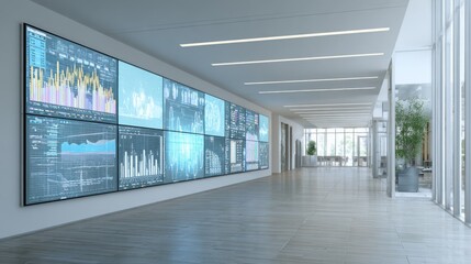 A sleek office corridor features large digital screens displaying various data visualizations. Natural light floods through windows, enhancing the contemporary design.