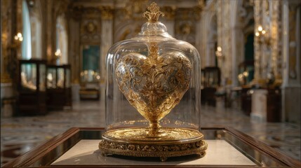 A heart-shaped artifact is showcased under a glass dome, adorned with exquisite floral details. The luxurious museum background enhances its historical significance.