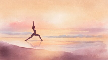Serene yoga at sunset watercolor illustration peaceful beach woman calm golden light airy design lifestyle art