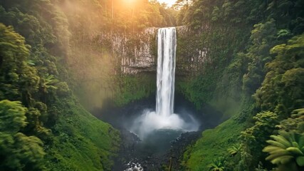 Spectacular Hawaiian rainforest waterfall aerial view, breathtaking cinematic drone shot - Powered by Adobe