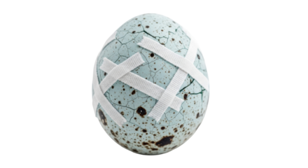 Cracked speckled egg with bandages isolated PNG, fragile concept for protection and healing on transparent background