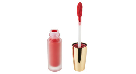 Red lip gloss with applicator isolated PNG on transparent background, makeup product for beauty and cosmetic use