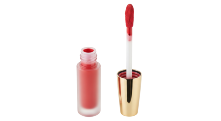 Red lip gloss with applicator isolated PNG on transparent background, makeup product for beauty and cosmetic use
