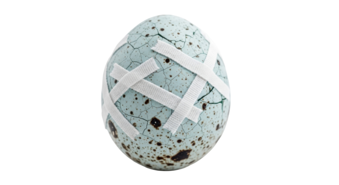 Cracked speckled egg with bandages isolated PNG, fragile concept for protection and healing on transparent background