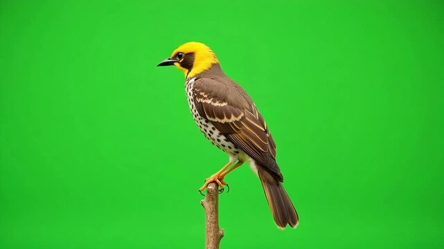 Stunning golden oriole perched gracefully on a branch against vibrant green screen backdrop, perfect for nature documentaries or animal behavior studies