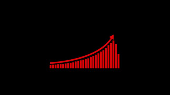 Red bar graph with an upward trending arrow on black background Keywords: graph, chart, data, statistics, growth, increase, rising, upward, arrow, red, bar, diagram, business, finance, success