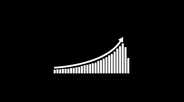 White bar graph with an upward trending arrow on black background Keywords: graph, chart, data, statistics, growth, increase, rising, upward, arrow, white, bar, diagram, business, finance, success