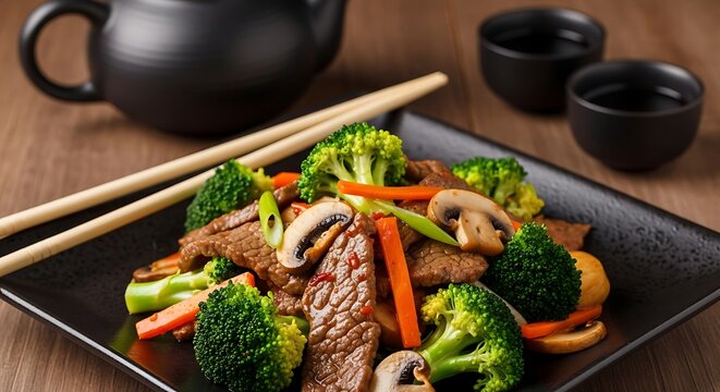 Savory beef and broccoli stir fry with carrots and mushrooms