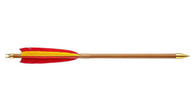 Traditional wooden arrow with red and yellow fletching isolated on transparent PNG, archery equipment for hunting and target practice - Powered by Adobe