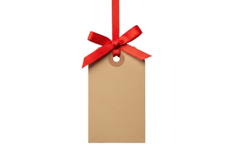 Blank brown paper gift tag with red ribbon isolated on transparent background, label for Christmas present or price tag PNG