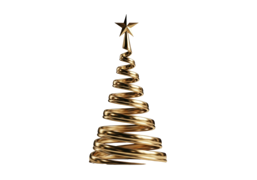 Golden spiral Christmas tree with star isolated PNG, elegant holiday decoration on transparent background for festive design projects - Powered by Adobe