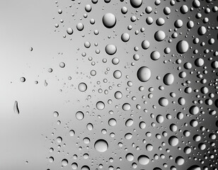 Close up macro shot of clear water droplets on a smooth gray surface reflecting light