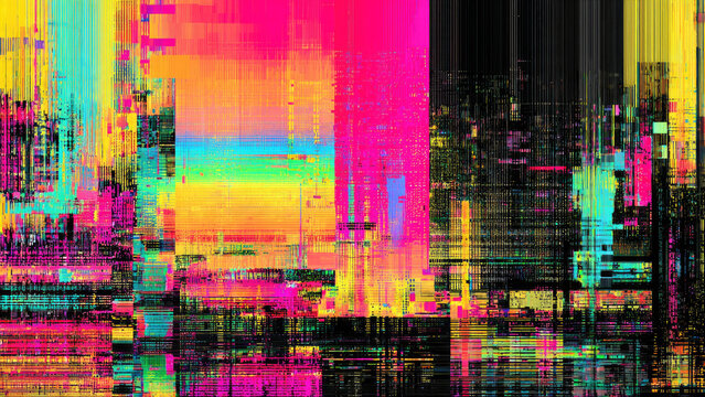 Vibrant glitch art cityscape with intense neon colors, depicting a digital metropolis of distorted lights and abstract urban forms.
