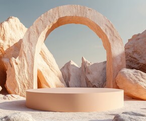 Empty stage, brown color, curved cylindrical podium in landscape arch and rock
