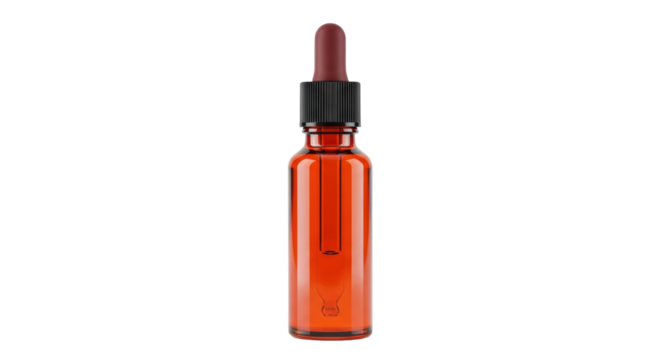 Amber glass dropper bottle isolated PNG on transparent background, essential oil container for aromatherapy and skincare products