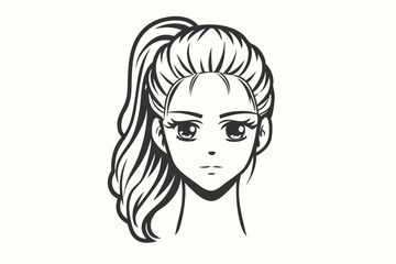 Anime styled girl with her hair up looks ahead with neutral expression
