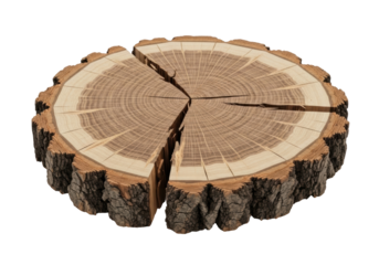 Cracked tree trunk slice isolated PNG, wood cross section with growth rings on transparent background, natural wooden texture for design element