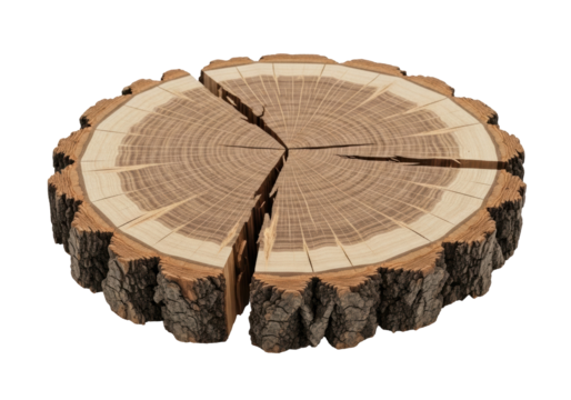 Cracked tree trunk slice isolated PNG, wood cross section with growth rings on transparent background, natural wooden texture for design element
