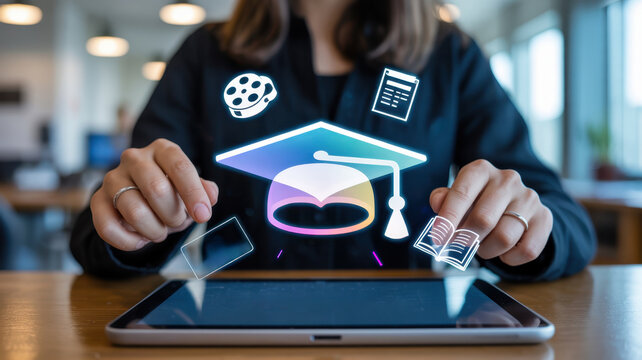 Student uses a digital tablet for online education, featuring holographic icons of a graduation cap, book, and calculator