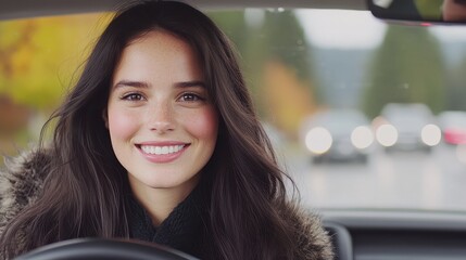 Open Road Smile: A vibrant woman radiates joy as she steers her car on a scenic road, her face illuminated by pure contentment. The image captures the freedom and the adventure of journey.