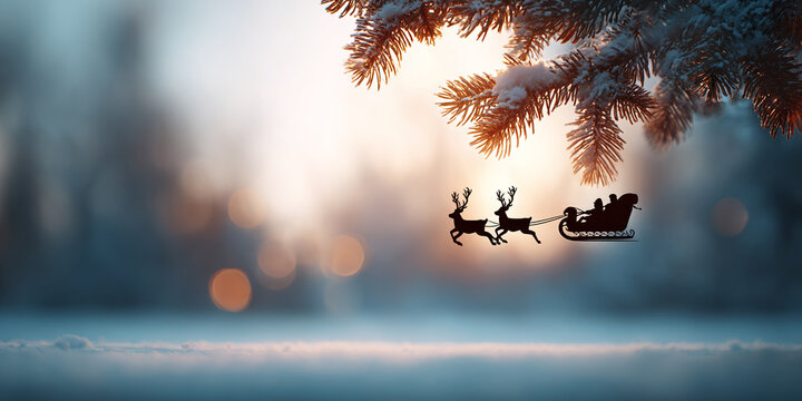 christmas tree and santa clause on a sleigh in the background