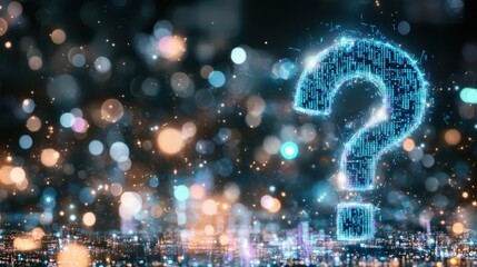 Illuminating Queries: An abstract depiction of a luminous question mark hovering amidst a vibrant network of sparkling bokeh, symbolizing contemplation and investigation.