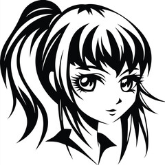 An attractive woman with dark ponytail hair appears in a stunning black and white anime style