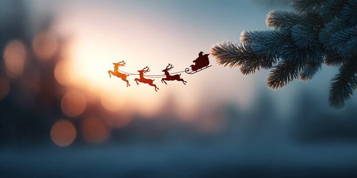 christmas tree and santa clause on a sleigh in the background