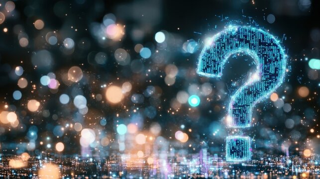 Illuminating Queries: An abstract depiction of a luminous question mark hovering amidst a vibrant network of sparkling bokeh, symbolizing contemplation and investigation.