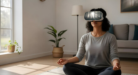 Calm African woman meditating at home in living room, using VR headset for virtual reality yoga experience. This technology provides serene and relaxing digital escape
