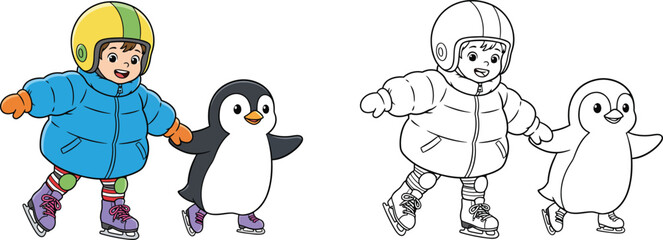 Adorable Kid and Penguin Buddy Ice Skating Together Hand in Hand