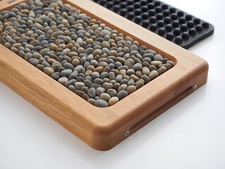 Wooden tray filled with hemp seeds next to seedling tray