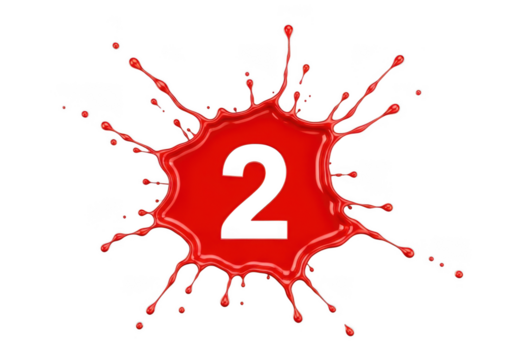 Number two in a vibrant red paint splash, isolated for various creative designs isolated on transparent background