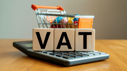 Vat word blocks on a calculator with a miniature shopping cart symbolizing value added tax and consumer spending