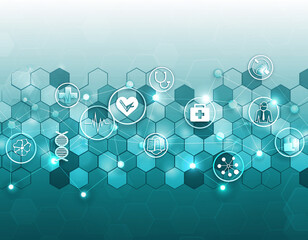 Healthcare technology concept with medical icons and abstract hexagonal network background
