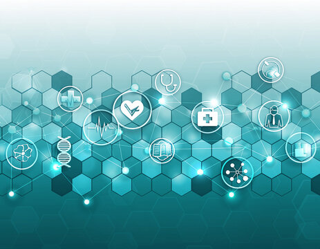 Healthcare technology concept with medical icons and abstract hexagonal network background