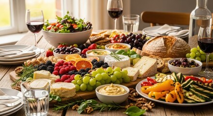 Gourmet food board with cheeses, fresh fruits, wine, and bread.
