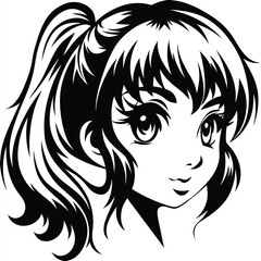 Animated young Asian girl with dark hair is smiling sweetly in black and white