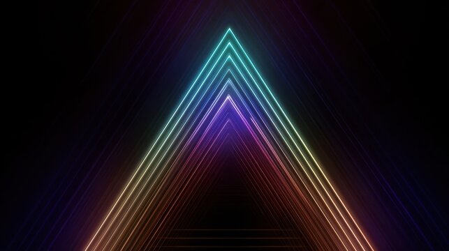illuminated geometric display, vivid neon triangular framework serving as electronic performance backdrop, brightly glowing layered triangle with radiant spectrum creating dynamic stage environment