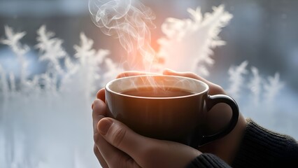 Steaming hot coffee mug in hands