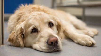 A golden retriever rests on the floor of a veterinary clinic, displaying a calm demeanor. The environment is clean and well-lit, suggesting a routine visit for check-up or treatment.