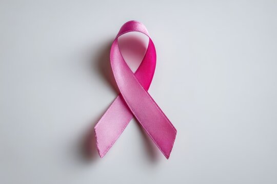 Classic pink satin ribbon bow symbolizing breast cancer awareness on light background, highlighting texture and color for support and advocacy. Ideal for campaigns and fundraisers