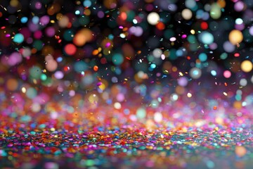 Colorful shimmering confetti creating a festive atmosphere with a soft blurred background, showcasing various shapes and vibrant hues for joyful celebrations and events
