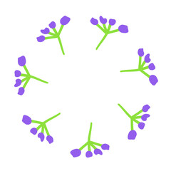 Cute round frame with delicate violet wildflowers isolated on white background.