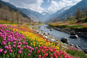 Vibrant tulip fields blooming along a serene riverbank with mountains in the background and a peaceful sky, perfect for nature enthusiasts and floral photography lovers
