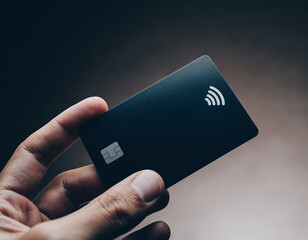 Closeup of a hand holding a modern black credit card with contactless payment feature