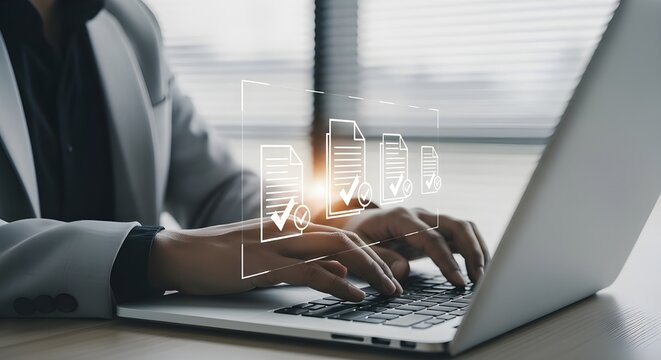 Businesswoman typing on laptop with data visualization overlay in modern office